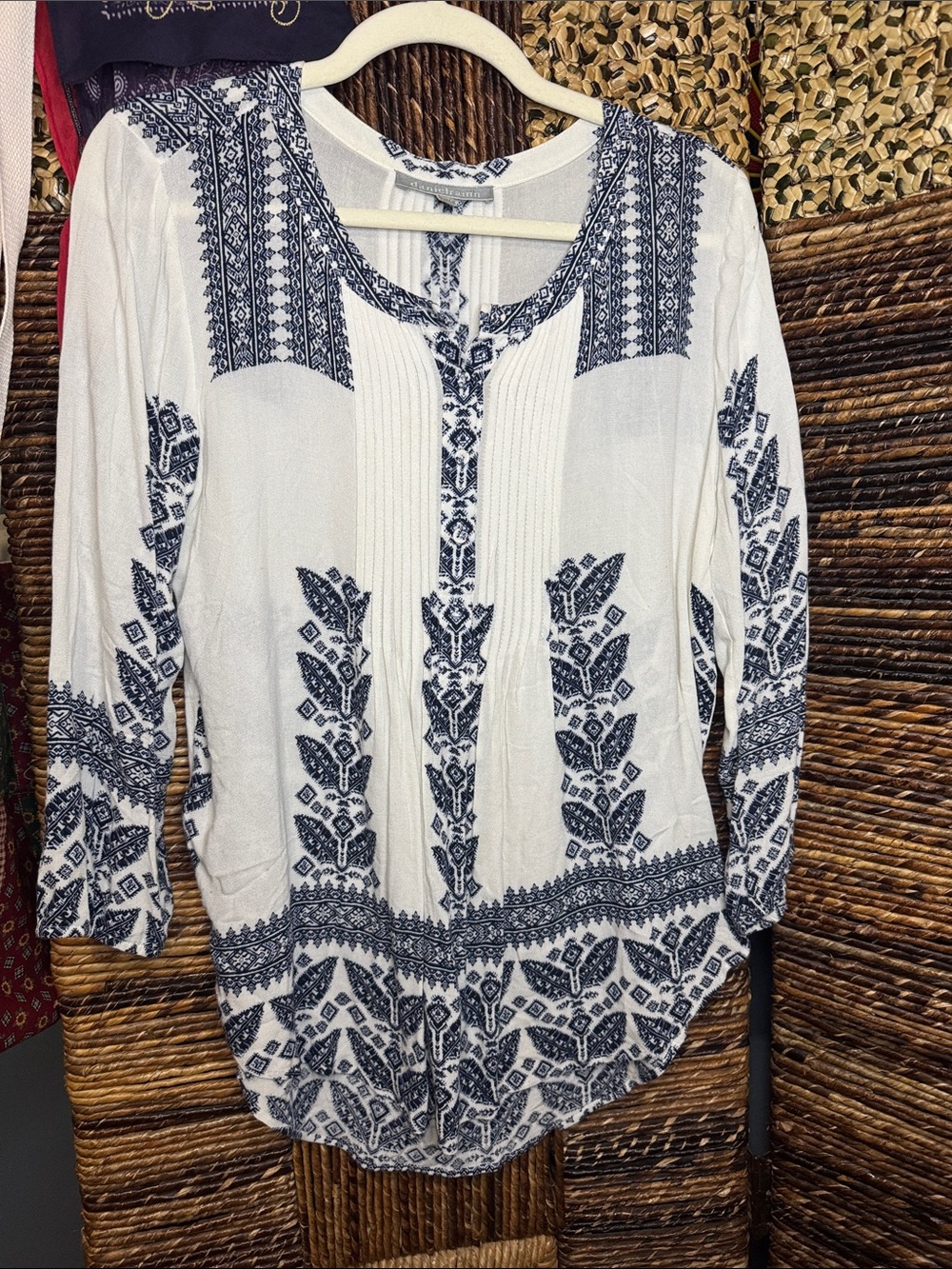 Women's White Tunic Top with Navy Blue Floral Embroidery